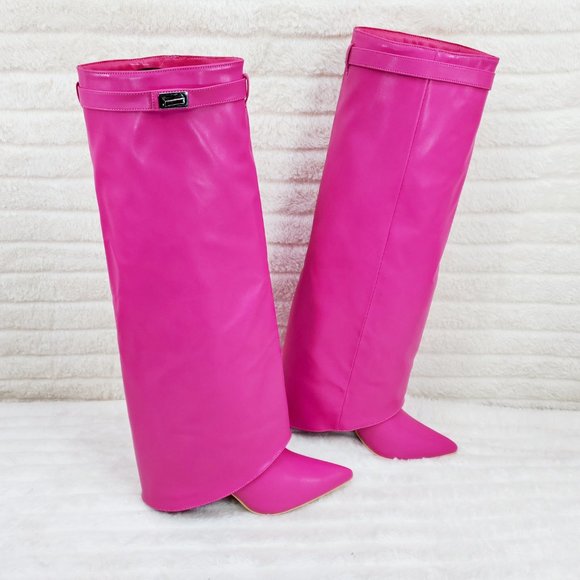 Paris Fuchsia Pink Skirted Fold Over 3.5" Block Heel Knee High Boots - Picture 7 of 9